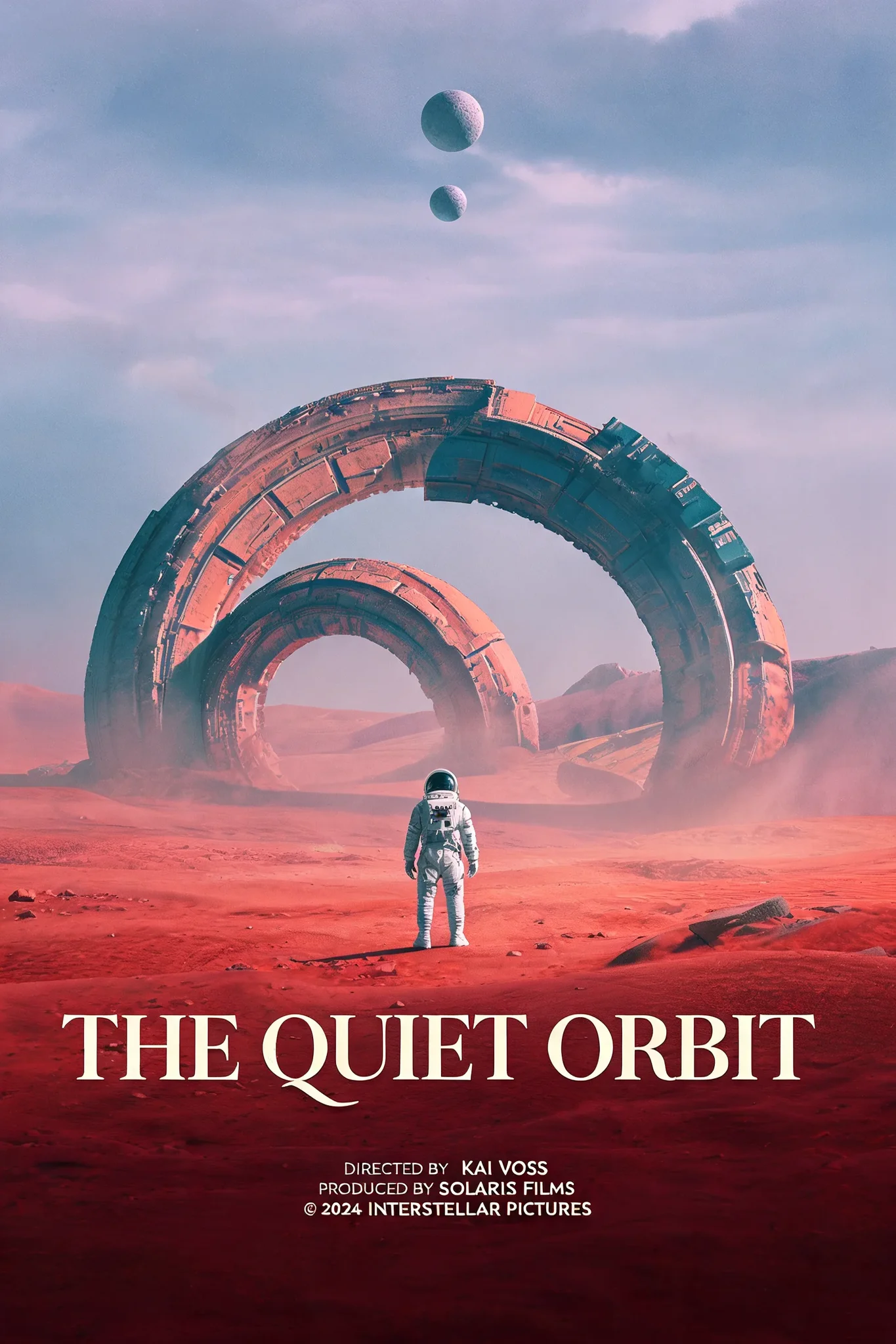 AI-generated science-fiction movie poster of an astronaut before an alien ring with the title The Quiet Orbit, created with Seedream 5.0