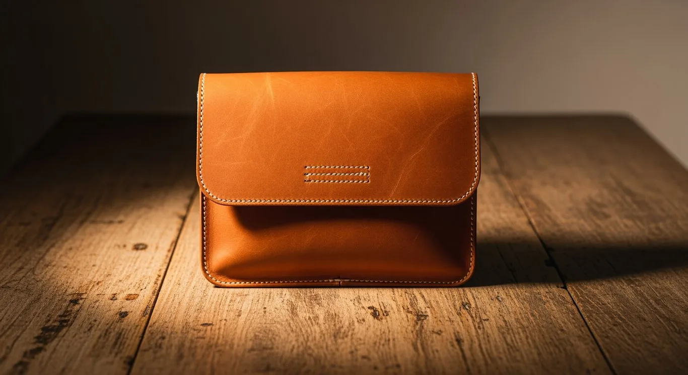 Artisan leather bag photographed on an aged wooden table in warm directional light, generated with Google Imagen 4