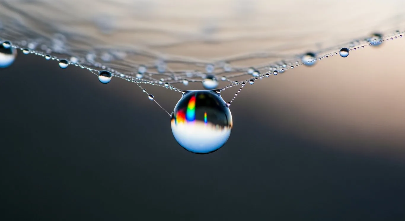 Macro dewdrop suspended from a spider web and refracting rainbow light, generated with Google Imagen 4