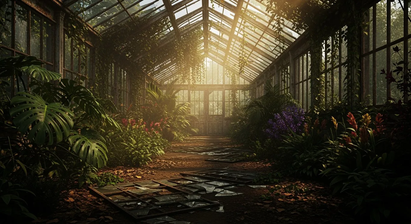 Abandoned Victorian greenhouse filled with tropical plants and golden light, generated with Google Imagen 4