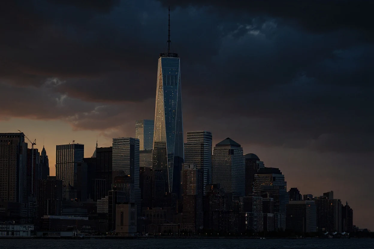 City skyline photo edited with Flux Kontext Max from golden hour to a dramatic storm with lit windows