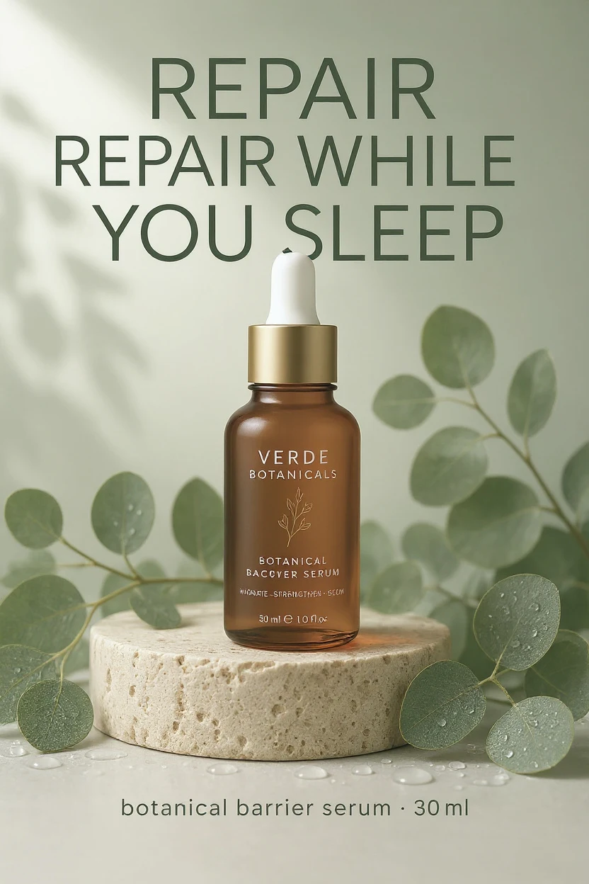 Skincare ad edited with Flux Kontext Max to an amber glass bottle with new label and headline text