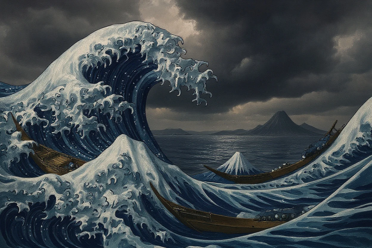 Great Wave woodblock print transformed into a photorealistic storm seascape by Flux Kontext Max with the composition preserved