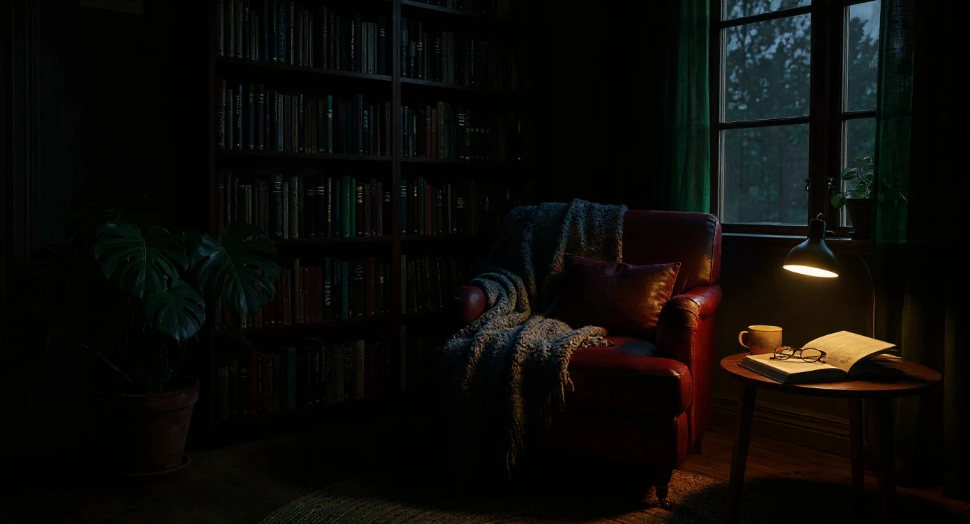 Reading nook edited with Flux Kontext Max into a dark academia library corner with leather chair and walnut shelves