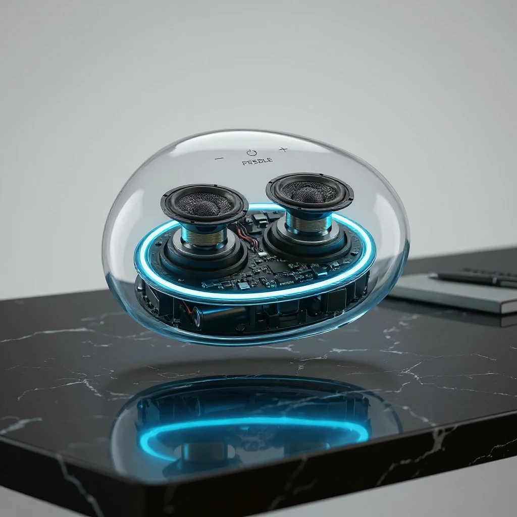 Transparent speaker concept edited with Flux Kontext Pro to an ice-blue LED ring on a black marble surface