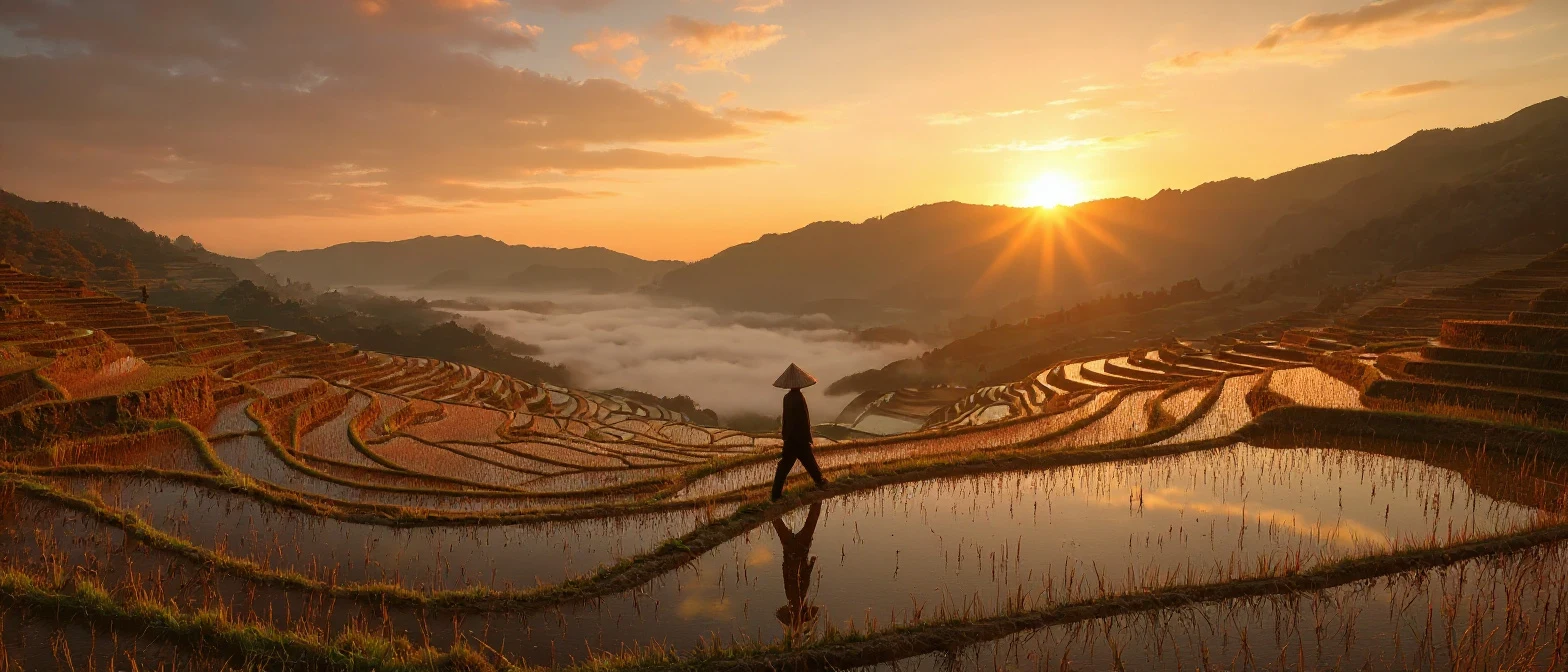 Panoramic rice terraces edited with Flux Kontext Pro from spring sunrise to golden autumn harvest