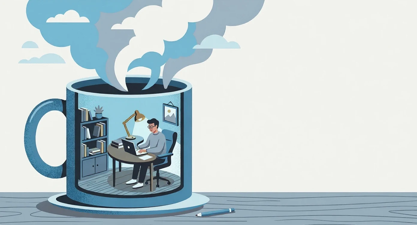Remote-work flat illustration edited with Flux Kontext Pro from a warm terracotta palette to a cool winter palette
