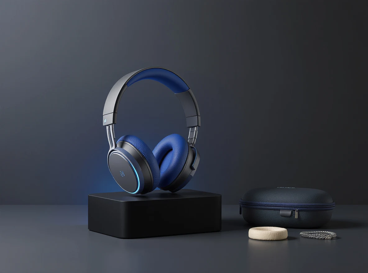 AI-generated modular headphone campaign with exactly three accessories, created with Flux Kontext Pro Text to Image on RenderFlow AI