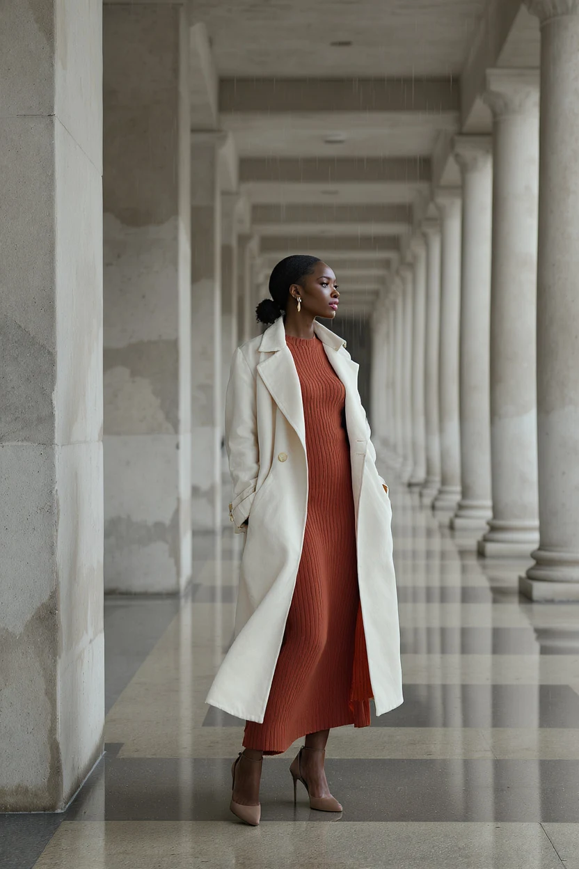 AI-generated fashion editorial of a woman in an ivory linen coat beneath concrete columns, created with Flux Kontext Pro Text to Image on RenderFlow AI