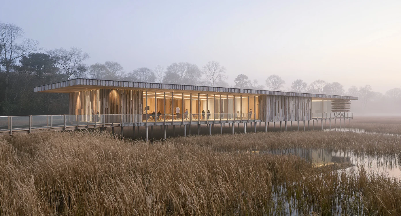 AI-generated wetland visitor center connected to a distant bird hide by a boardwalk, created with Flux Kontext Pro Text to Image on RenderFlow AI