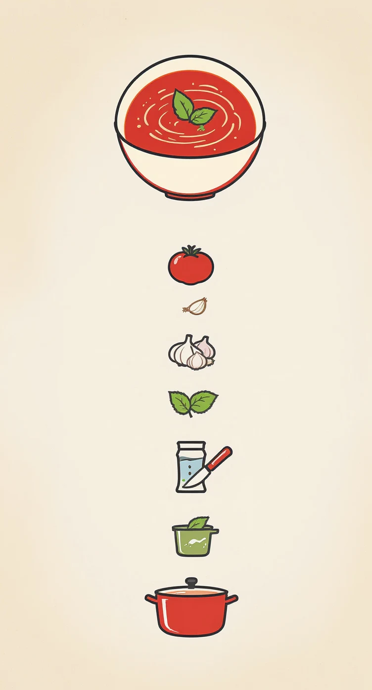 AI-generated vertical tomato soup infographic with five ingredients and three process icons, created with Flux Kontext Pro Text to Image on RenderFlow AI