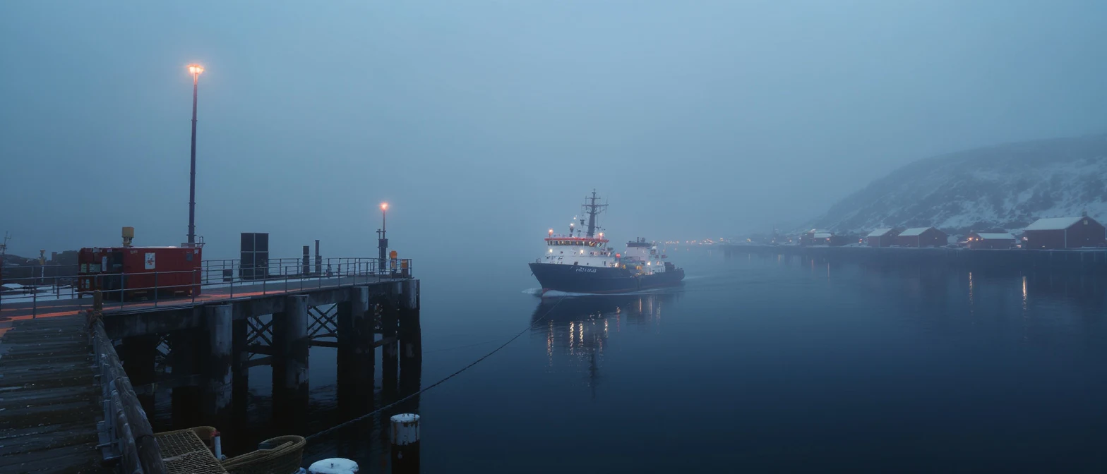 AI-generated ultra-wide concept of a research vessel entering a foggy northern harbor, created with Flux Kontext Pro Text to Image on RenderFlow AI