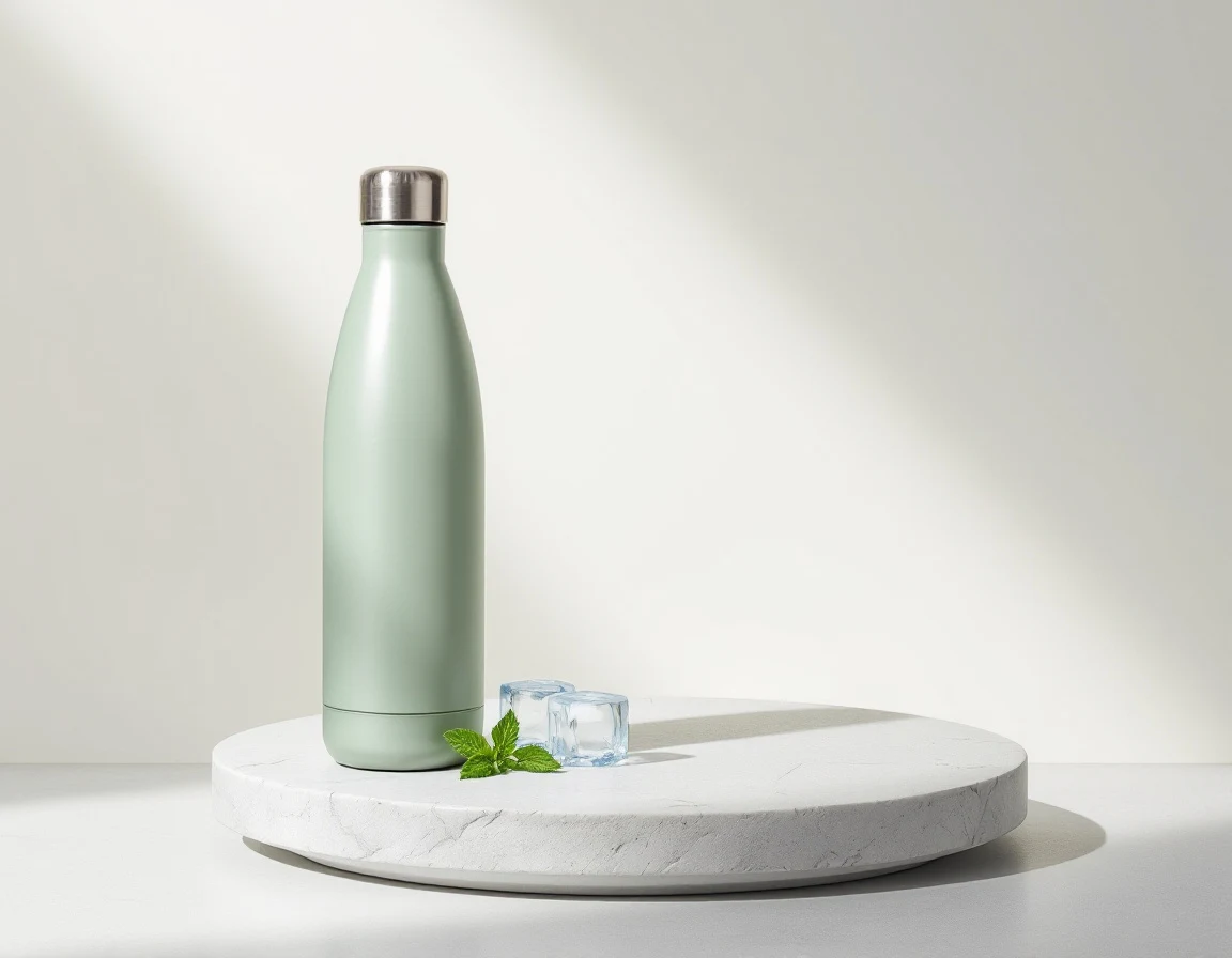 AI-generated product photo of a sage green insulated water bottle on a stone surface, e-commerce hero shot created with Flux Pro on RenderFlow AI