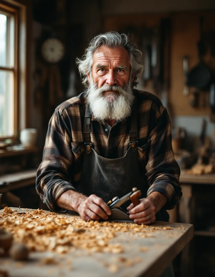 AI-generated environmental portrait of a carpenter in his workshop with warm work light, created with Flux Pro on RenderFlow AI