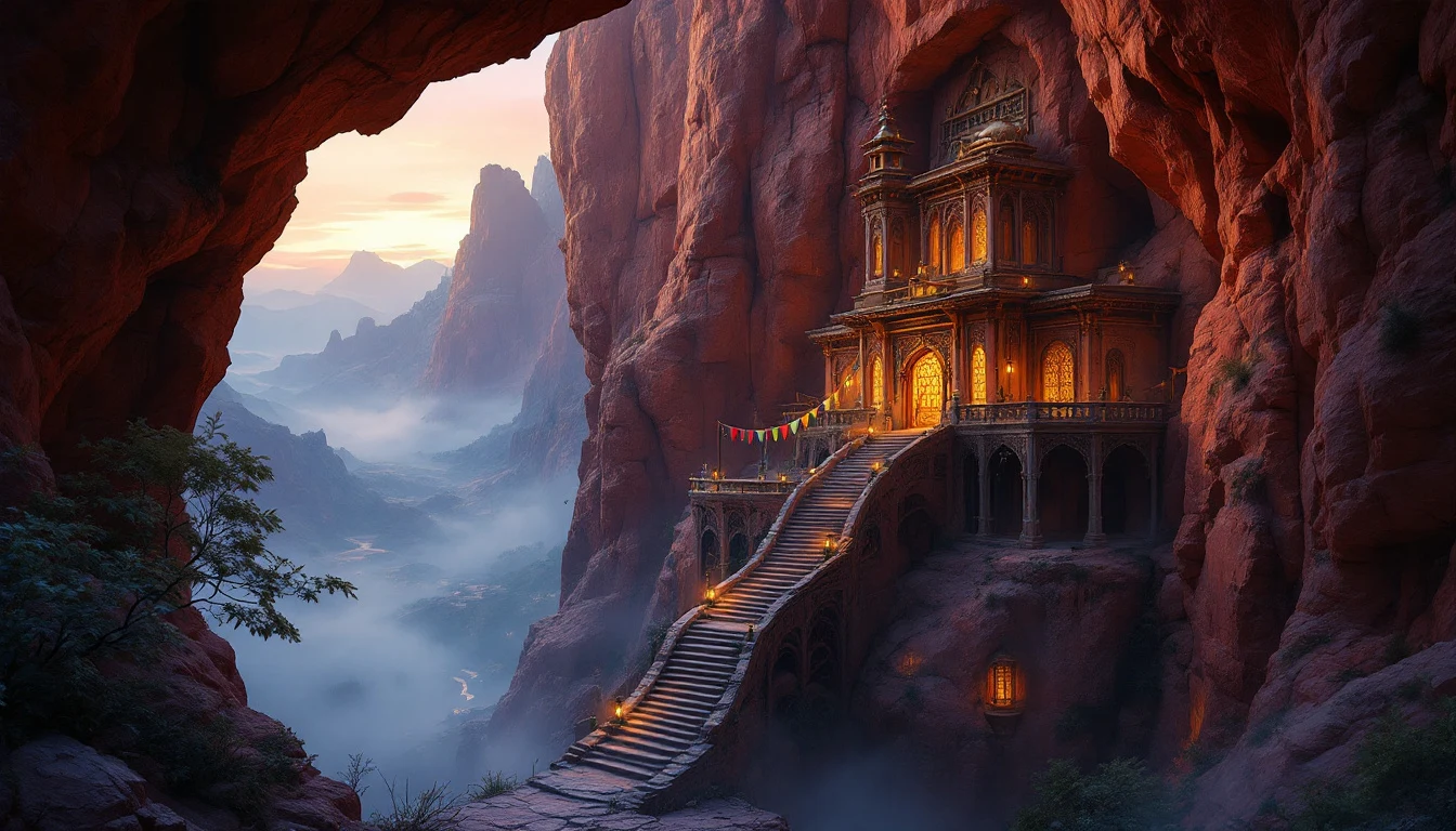 AI-generated fantasy concept art of a cliffside monastery in a red canyon at dusk, created with Flux Pro on RenderFlow AI