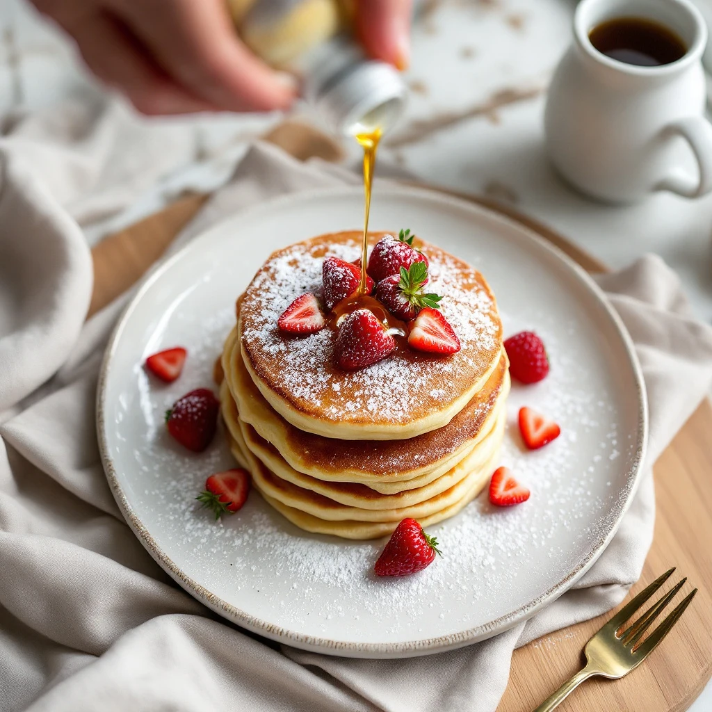 AI-generated overhead photo of ricotta pancakes with strawberries and honey for social media, created with Flux Pro on RenderFlow AI