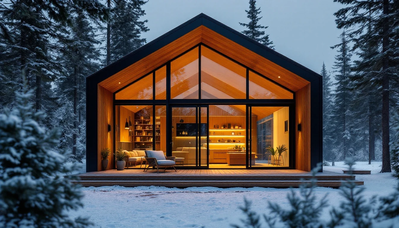 AI-generated architectural photo of a modern black timber cabin in a snowy pine forest at blue hour, created with Flux Pro on RenderFlow AI