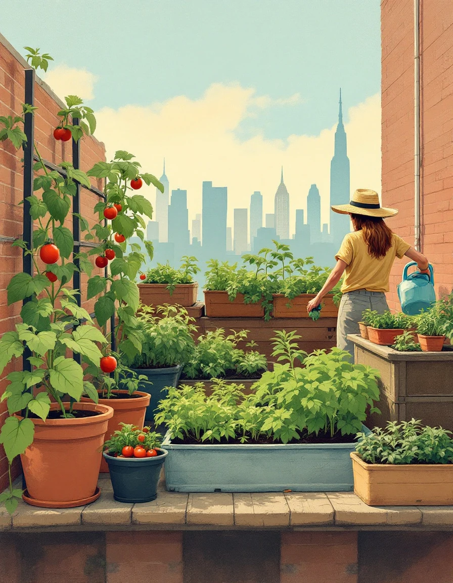 AI-generated editorial illustration of a rooftop vegetable garden above a city skyline, created with Flux Pro on RenderFlow AI