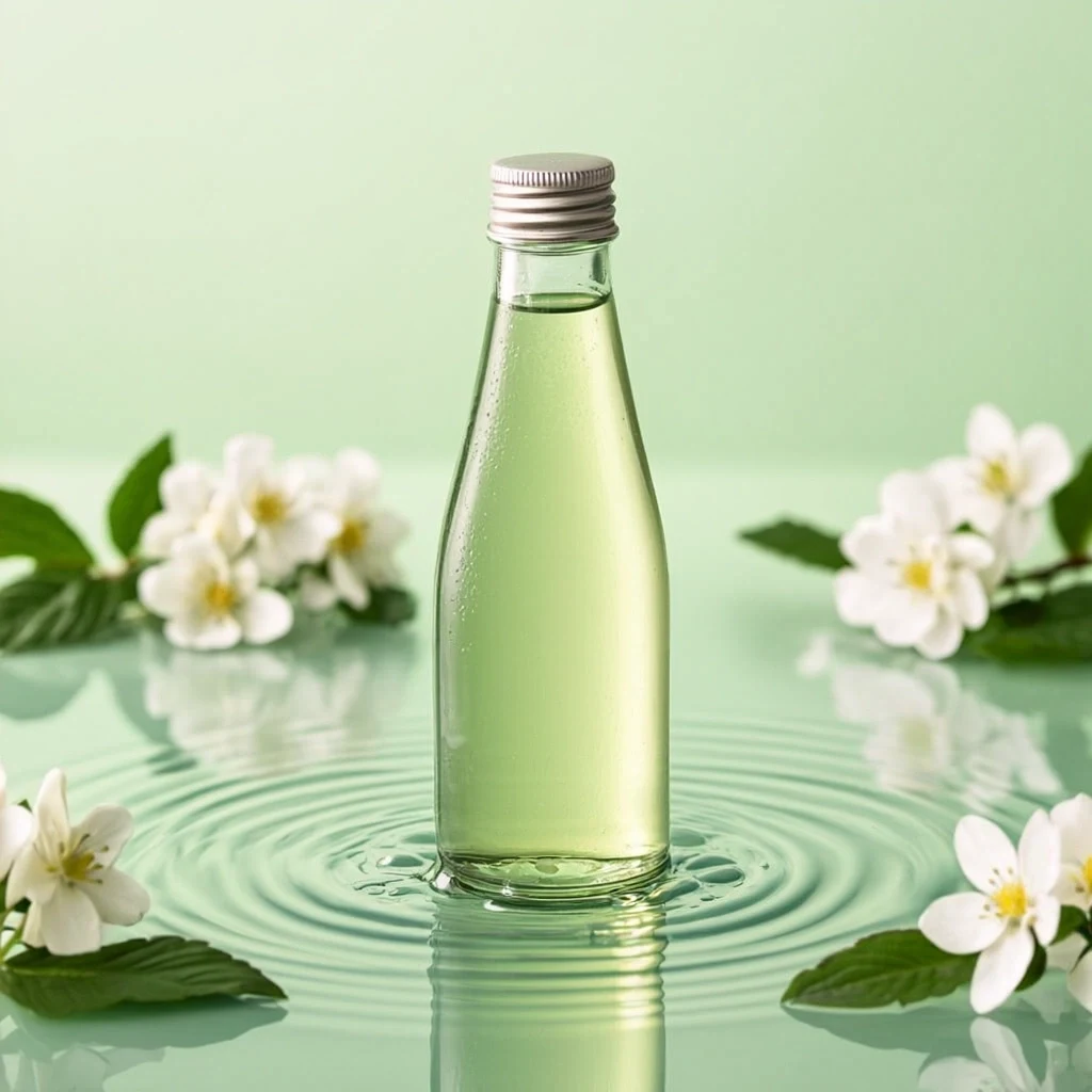 AI-generated sparkling jasmine tea bottle campaign with water and blossoms, created with GLM Image on RenderFlow AI
