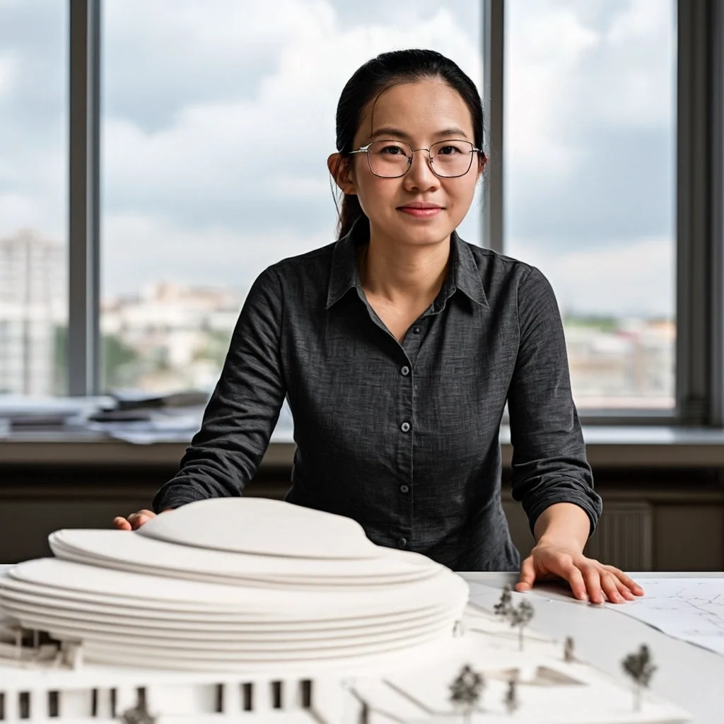 AI-generated professional portrait of an architect beside a building model, created with GLM Image on RenderFlow AI