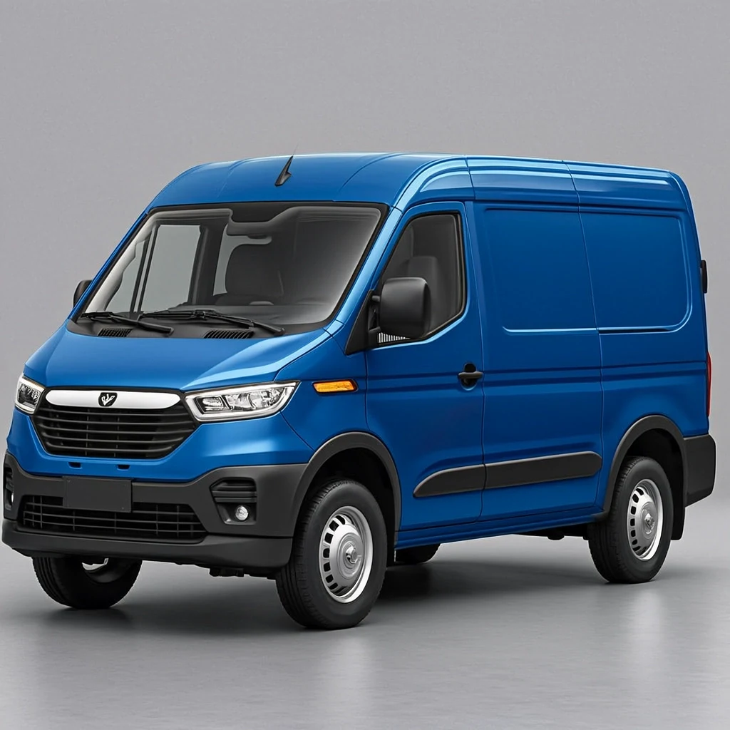 AI-generated industrial design concept of a compact cobalt electric delivery van, created with GLM Image on RenderFlow AI