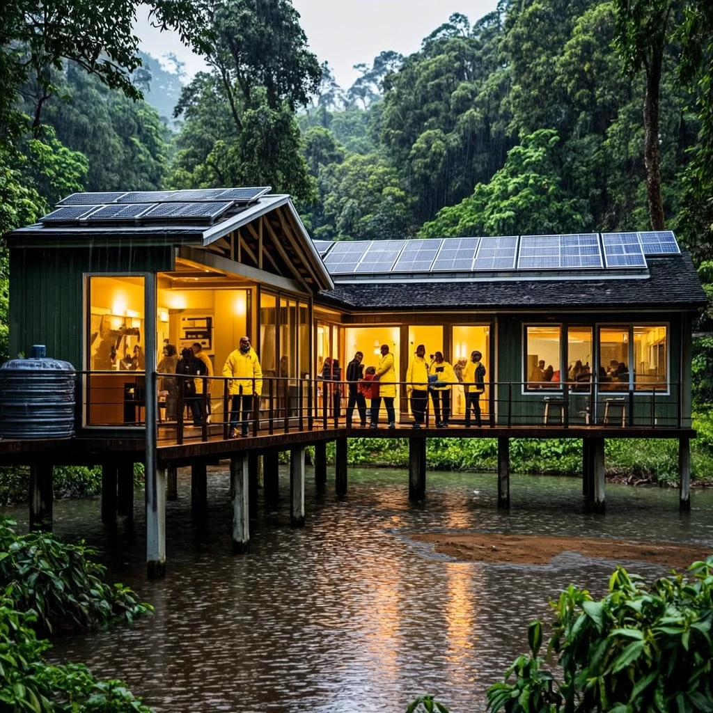 AI-generated rainforest field station on raised walkways during warm evening rain, created with GLM Image on RenderFlow AI