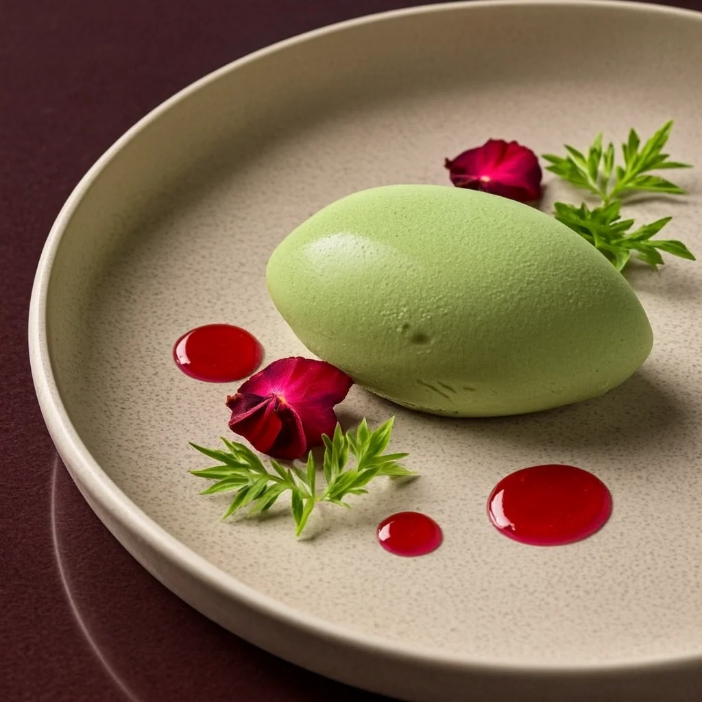 AI-generated fine-dining pistachio dessert with raspberry and rose garnish, created with GLM Image on RenderFlow AI