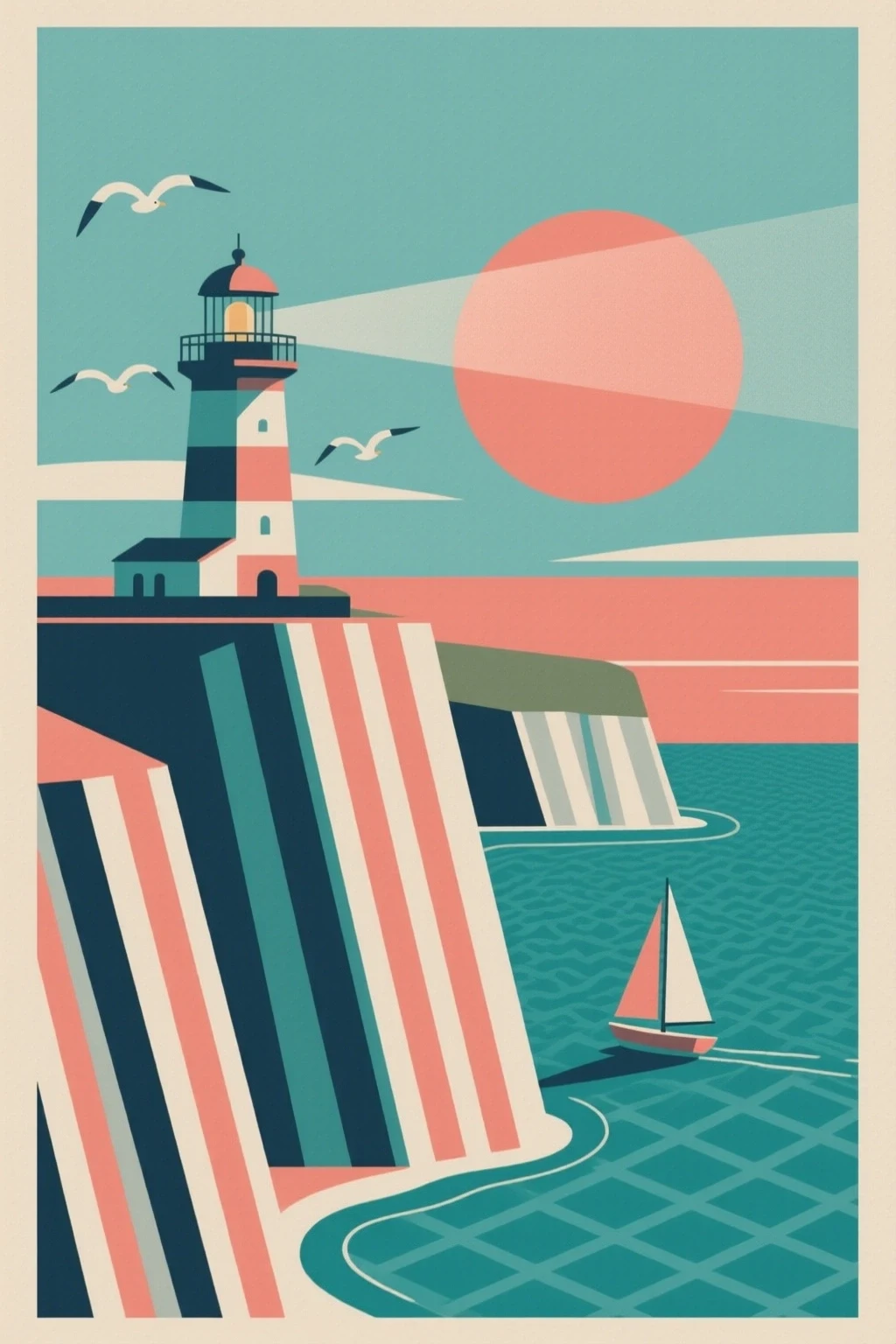 AI-generated mid-century flat travel poster of a lighthouse and sailboat, created with Hunyuan Image 2.1 on RenderFlow AI