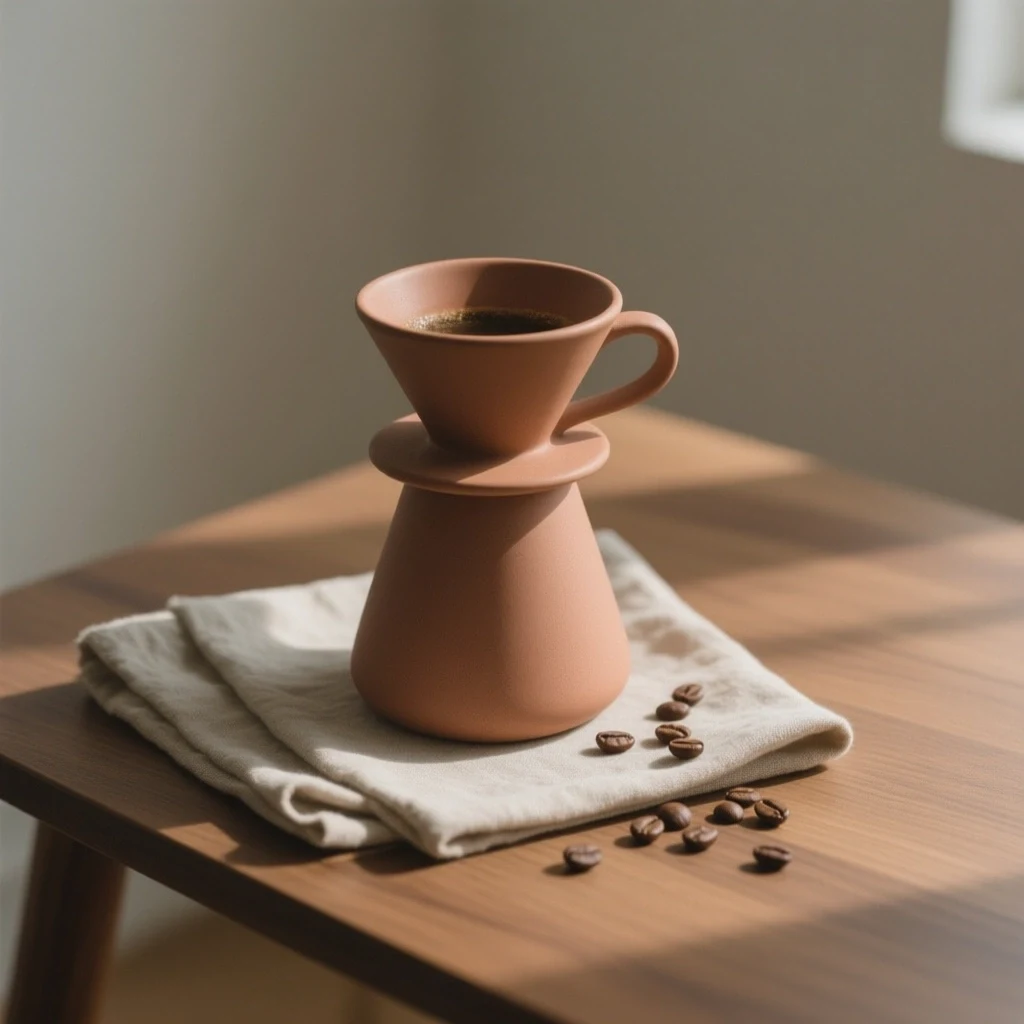 AI-generated product photo of a terracotta pour-over coffee dripper on a walnut table, created with Hunyuan Image 2.1 on RenderFlow AI