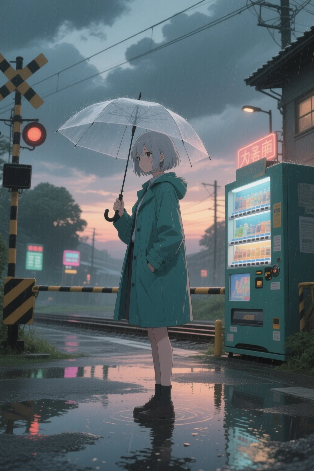 AI-generated anime illustration of a girl with a clear umbrella at a rainy train crossing at dusk, created with Hunyuan Image 2.1 on RenderFlow AI
