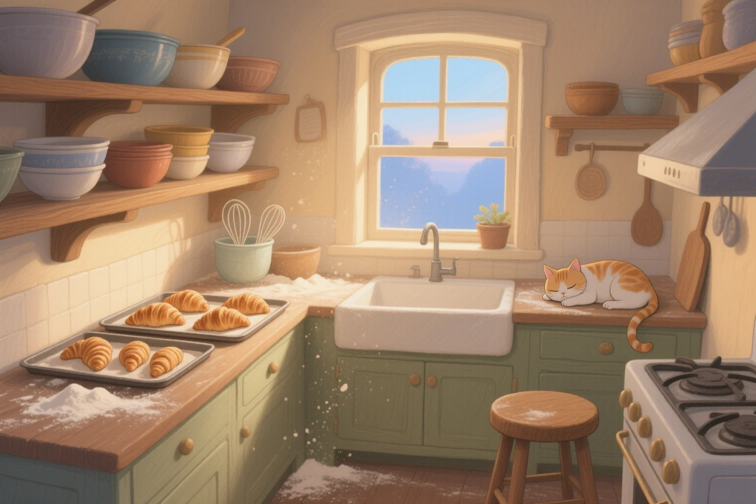 AI-generated storybook illustration of a cozy bakery kitchen at dawn with a sleeping cat, created with Hunyuan Image 2.1 on RenderFlow AI