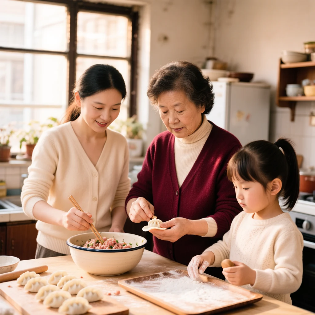 AI-generated documentary kitchen scene of three generations making dumplings together, created with Hunyuan Image 3 on RenderFlow AI