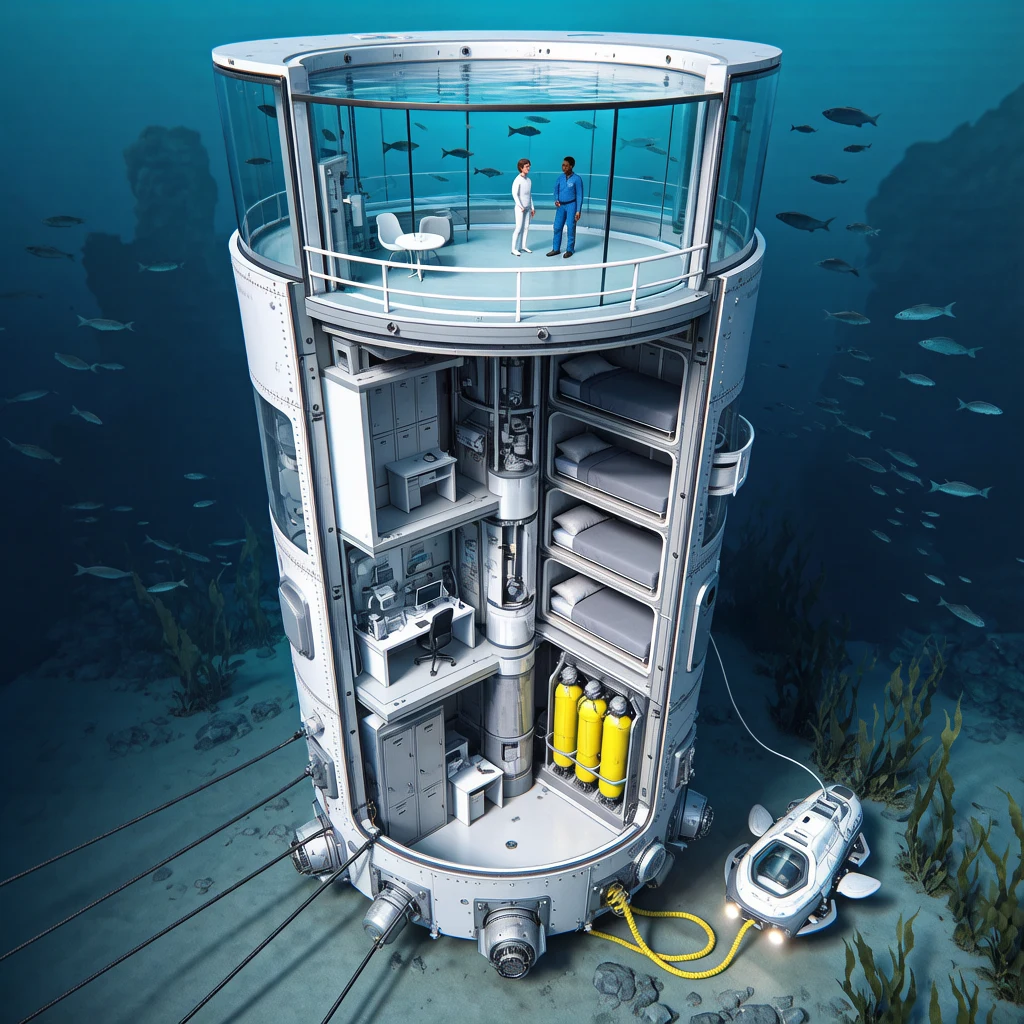 AI-generated detailed cutaway of an underwater research habitat with laboratories and a docked submersible, created with Hunyuan Image 3 on RenderFlow AI