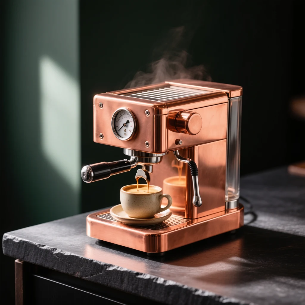 AI-generated commercial photo of a copper espresso machine pouring into a ceramic cup, created with Hunyuan Image 3 on RenderFlow AI