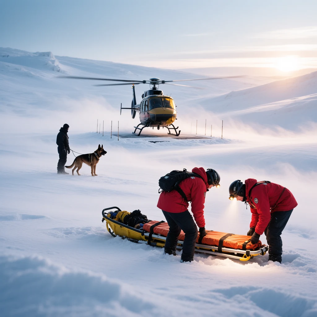 AI-generated mountain rescue staging scene with two rescuers, one dog team, and a helicopter, created with Hunyuan Image 3 on RenderFlow AI