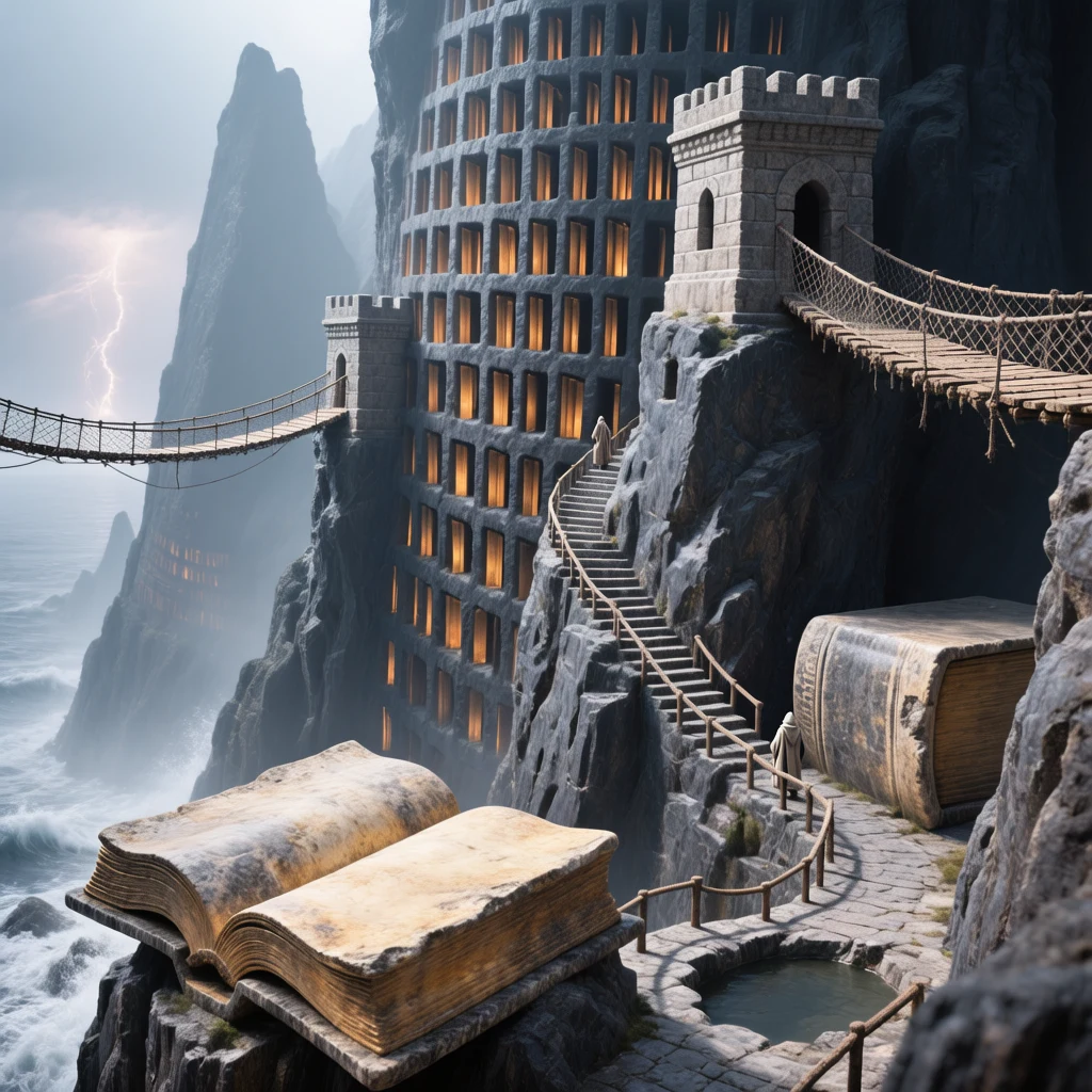 AI-generated fantasy archive carved into a stormy sea cliff with glowing windows and rope bridges, created with Hunyuan Image 3 on RenderFlow AI