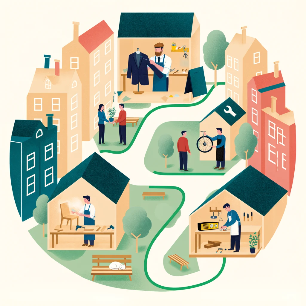 AI-generated isometric editorial illustration of a town centered on repair and reuse, created with Hunyuan Image 3 on RenderFlow AI