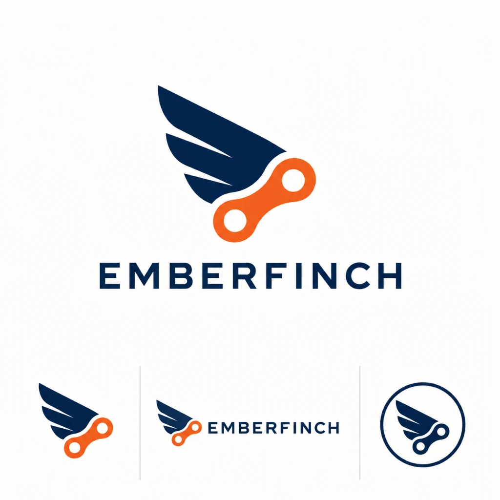 AI-generated EMBERFINCH coastal cycling logo identity sheet, created with Ideogram 4 on RenderFlow AI
