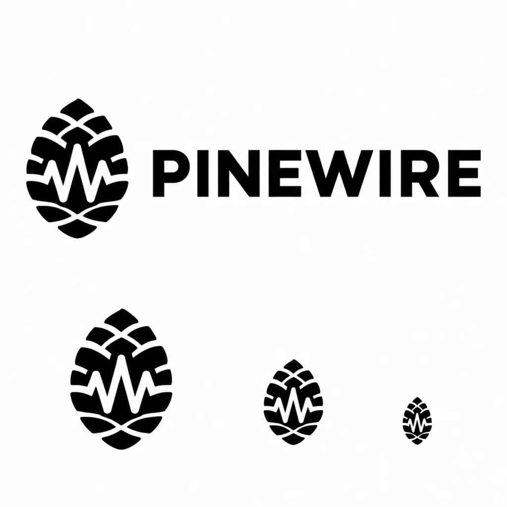 AI-generated black-and-white PINEWIRE logo scalability sheet, created with Ideogram 4 on RenderFlow AI