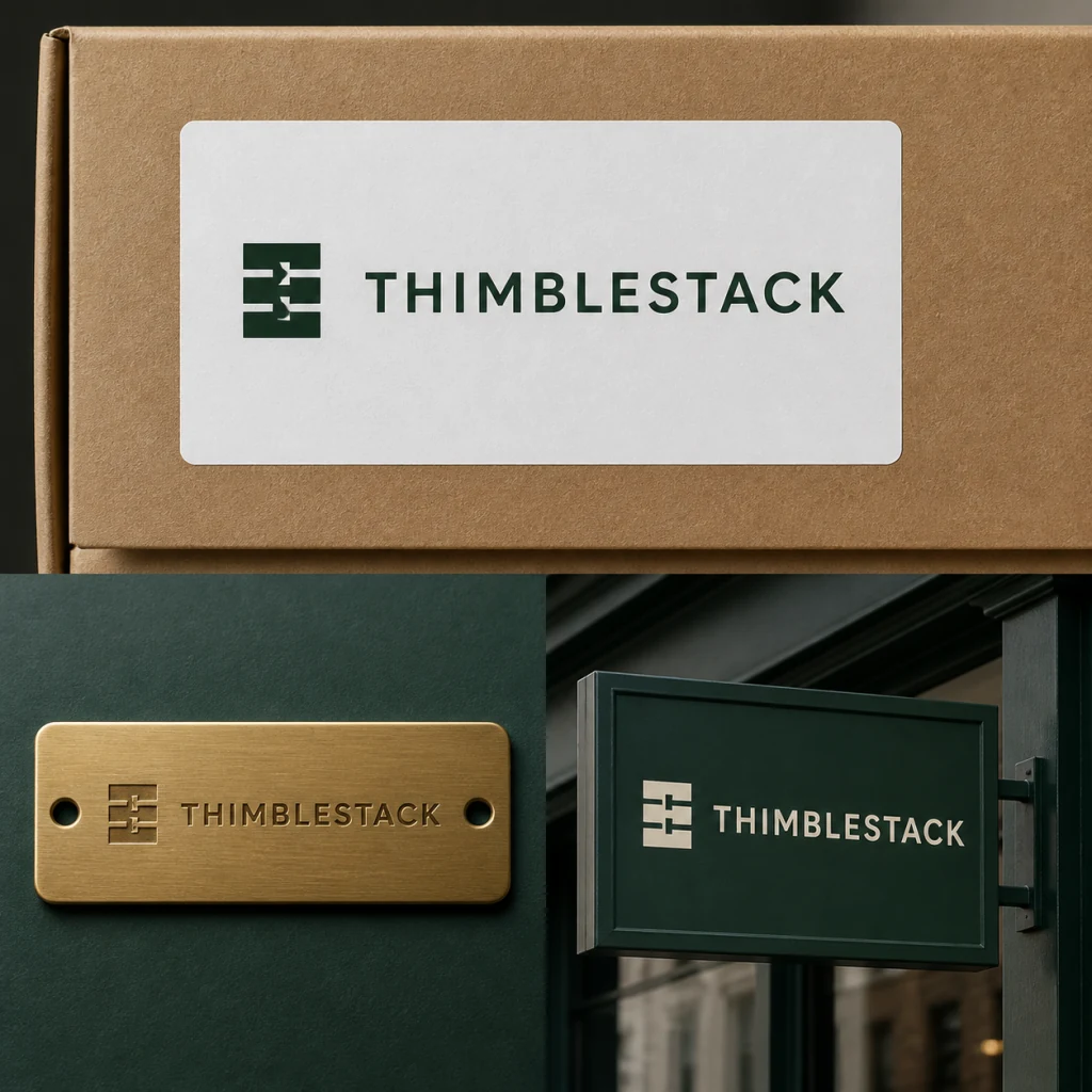 AI-generated THIMBLESTACK logo applied to packaging, hardware, and signage, created with Ideogram 4 on RenderFlow AI