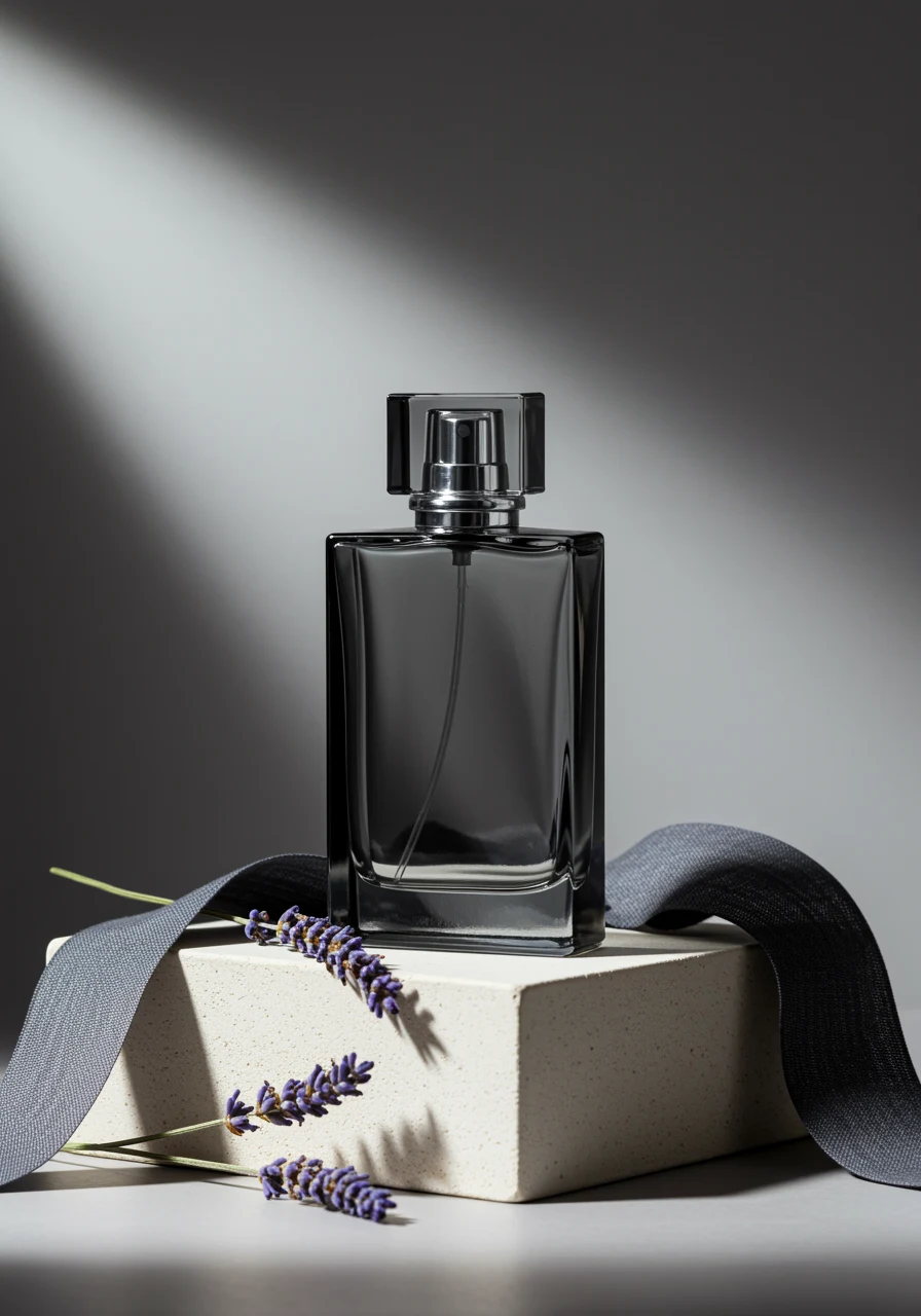AI-generated fragrance campaign photo of a smoky glass perfume bottle on limestone with lavender, created with Google Imagen 3 on RenderFlow AI