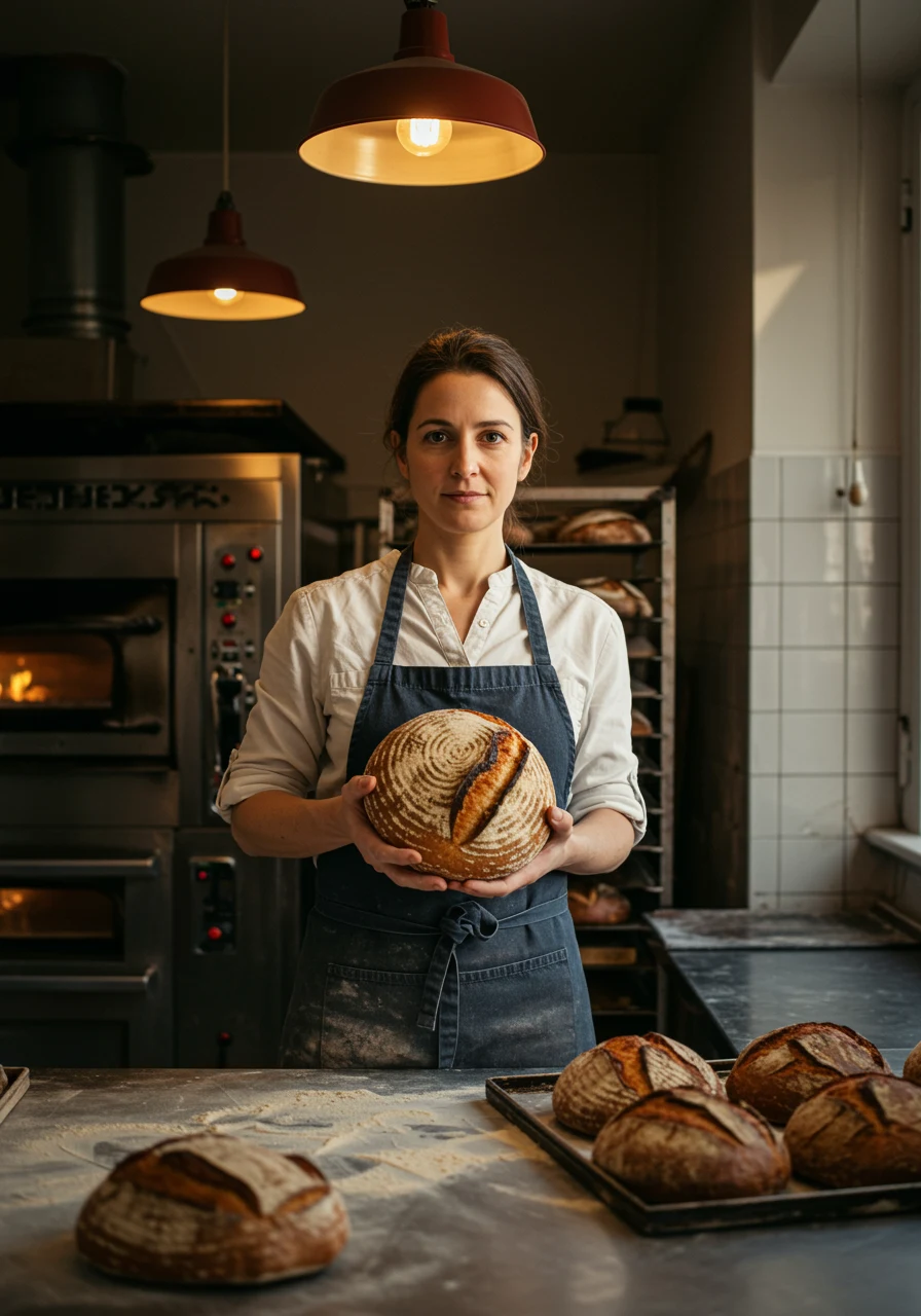 AI-generated editorial portrait of a baker holding sourdough in a neighborhood bakery, created with Google Imagen 3 on RenderFlow AI