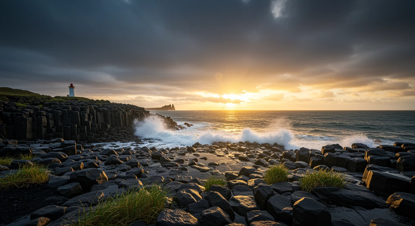 AI-generated wide landscape of a basalt coast with breaking waves and sunset light after a storm, created with Google Imagen 3 on RenderFlow AI