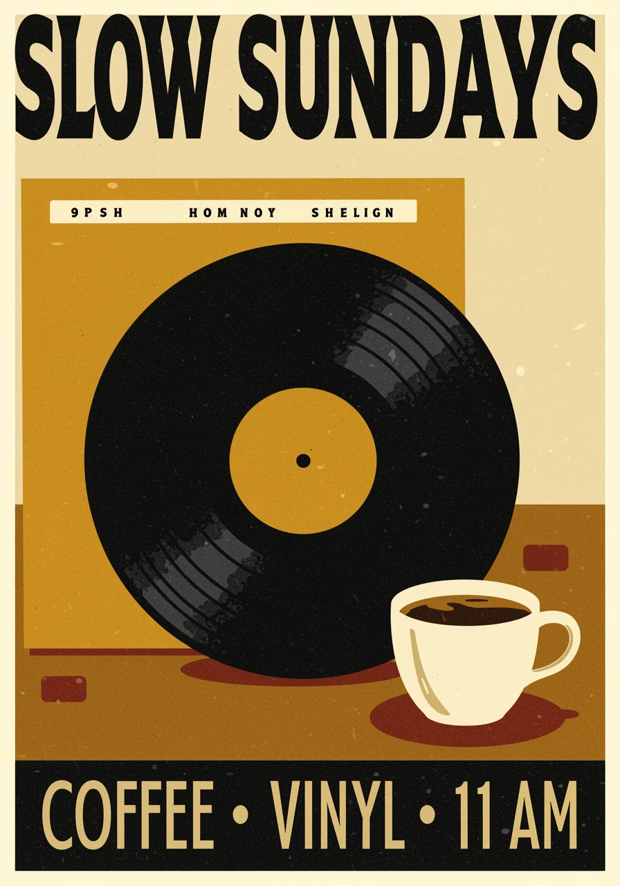 AI-generated screen-print event poster reading Slow Sundays and Coffee Vinyl 11 AM, created with Google Imagen 3 on RenderFlow AI