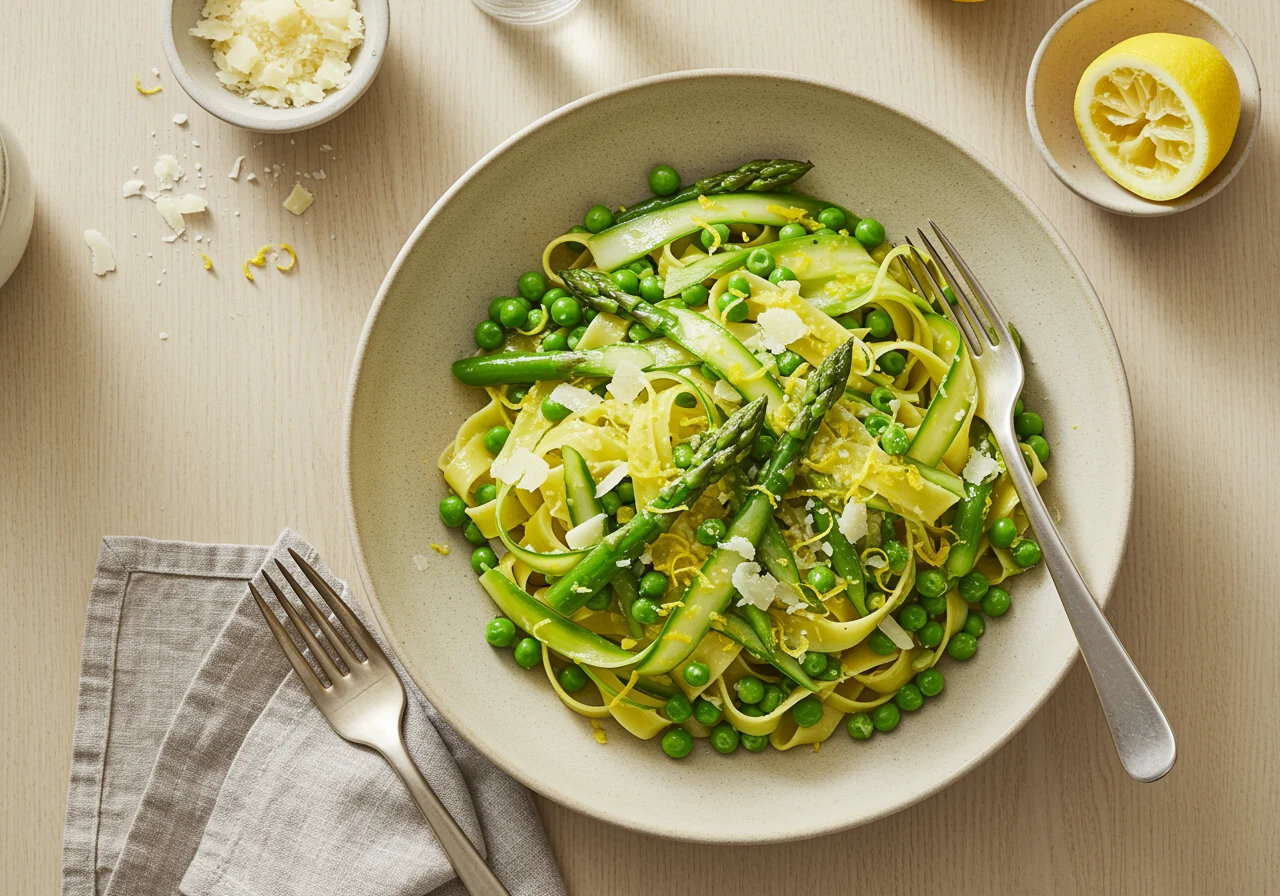 AI-generated overhead food editorial of spring tagliatelle with peas and asparagus, created with Google Imagen 3 on RenderFlow AI