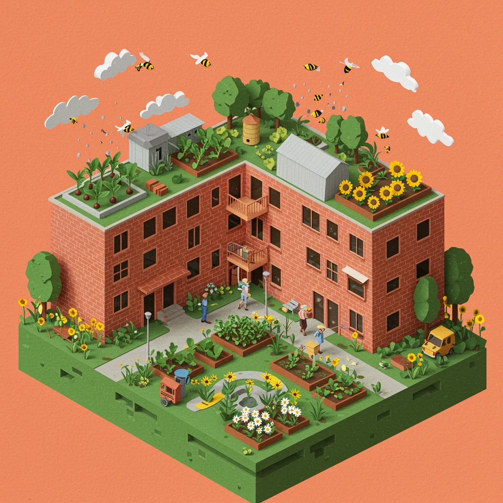 AI-generated layered paper-cut illustration of rooftop gardens and urban wildlife on a city block, created with Google Imagen 3 on RenderFlow AI
