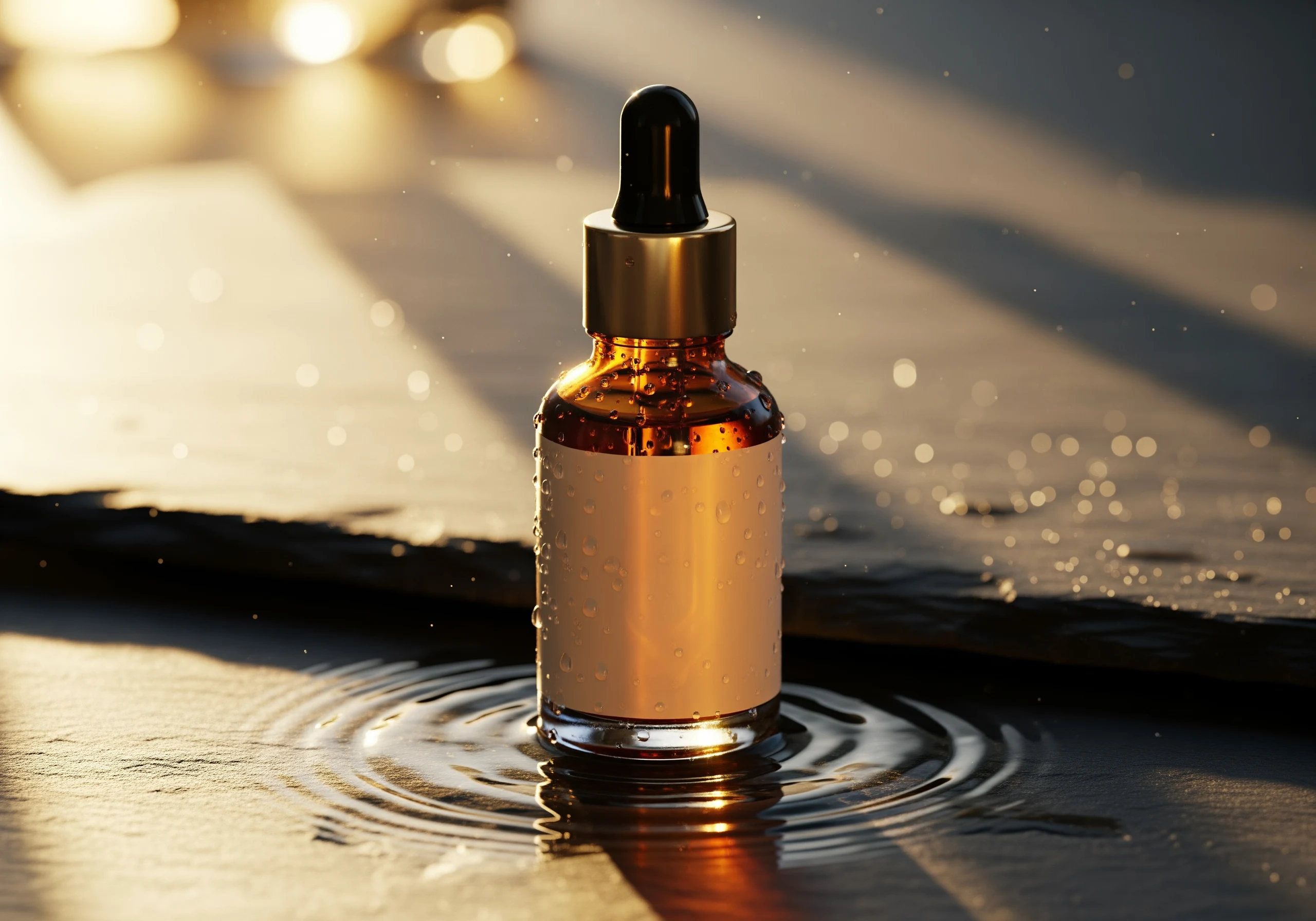 AI-generated luxury serum bottle product photo in rippling water with golden light, created with Google Imagen 4 Ultra on RenderFlow AI