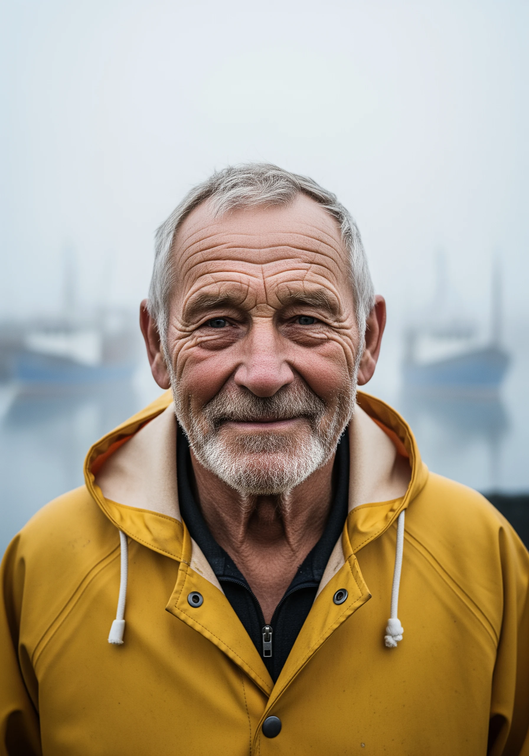 AI-generated portrait of an elderly fisherman in a yellow rain jacket at a misty harbor, created with Google Imagen 4 Ultra on RenderFlow AI