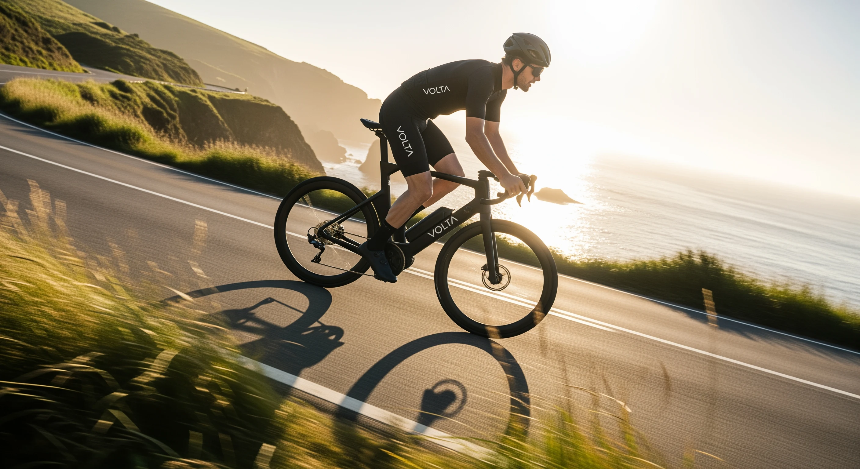 AI-generated advertising hero image of a cyclist on a coastal road at sunrise, created with Google Imagen 4 Ultra on RenderFlow AI