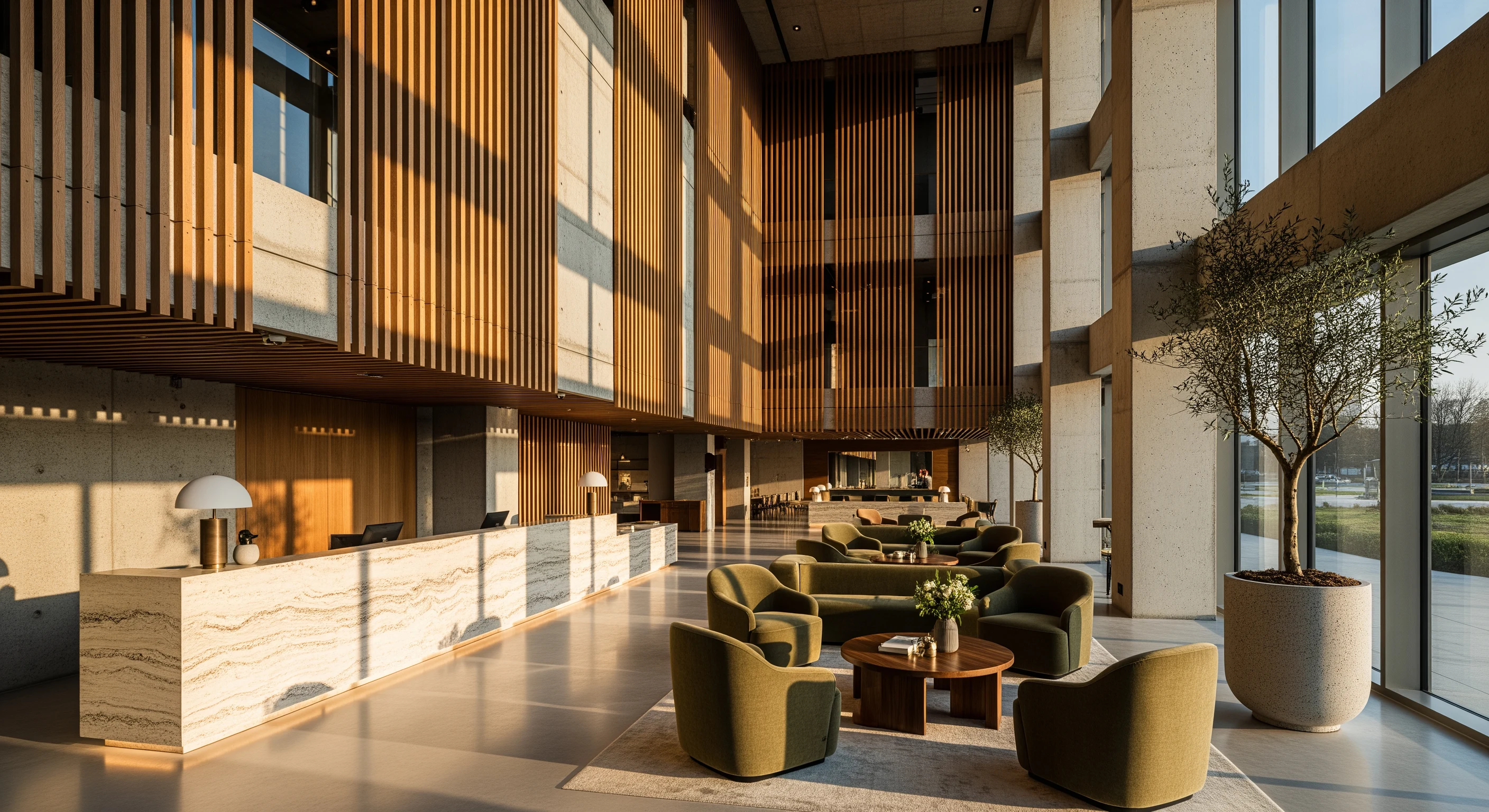 AI-generated boutique hotel lobby interior with travertine desk and afternoon light, created with Google Imagen 4 Ultra on RenderFlow AI